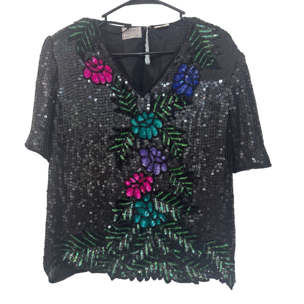 Vtg Stenay Sequin Beaded Black Top Floral‎ Embellished Silk Party Blouse L